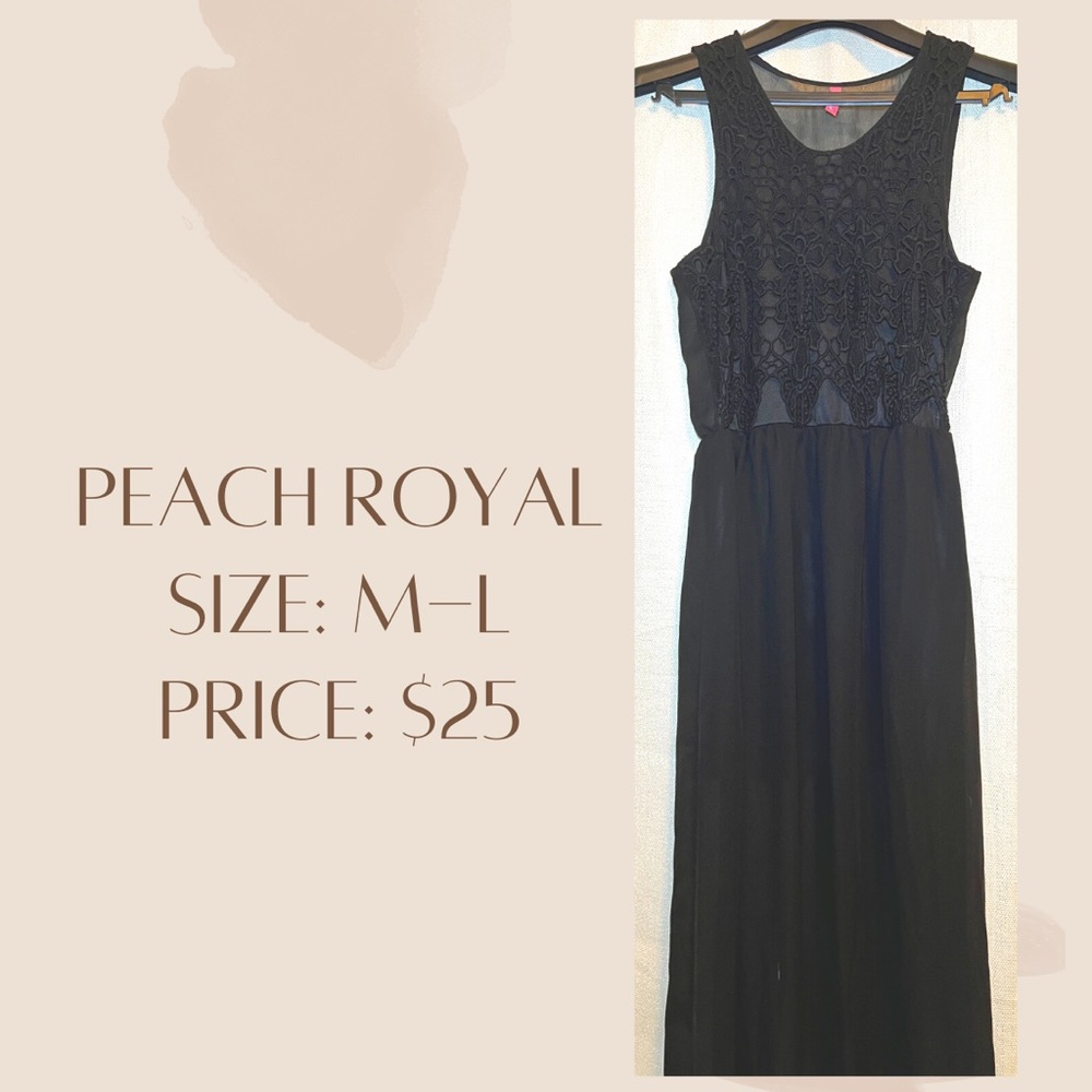 Peach royal black maxi dress. Cute for weddings, rehearsal or formal dinners